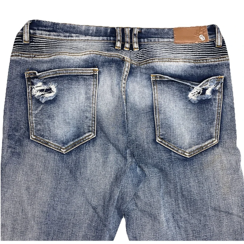 Crysp Denim Mens Mid-Rise Distressed Moto Biker Skinny Stretch‎ Jeans 36x32